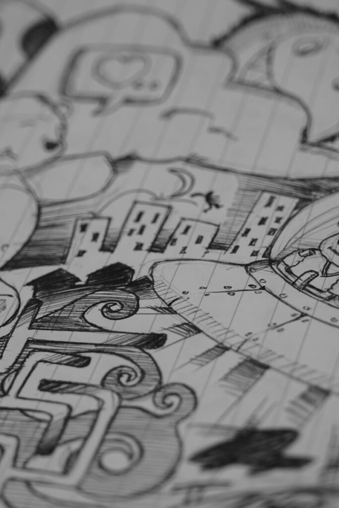 Intricate black and white doodle illustration featuring aliens in a UFO amidst imaginative cityscape and robots.